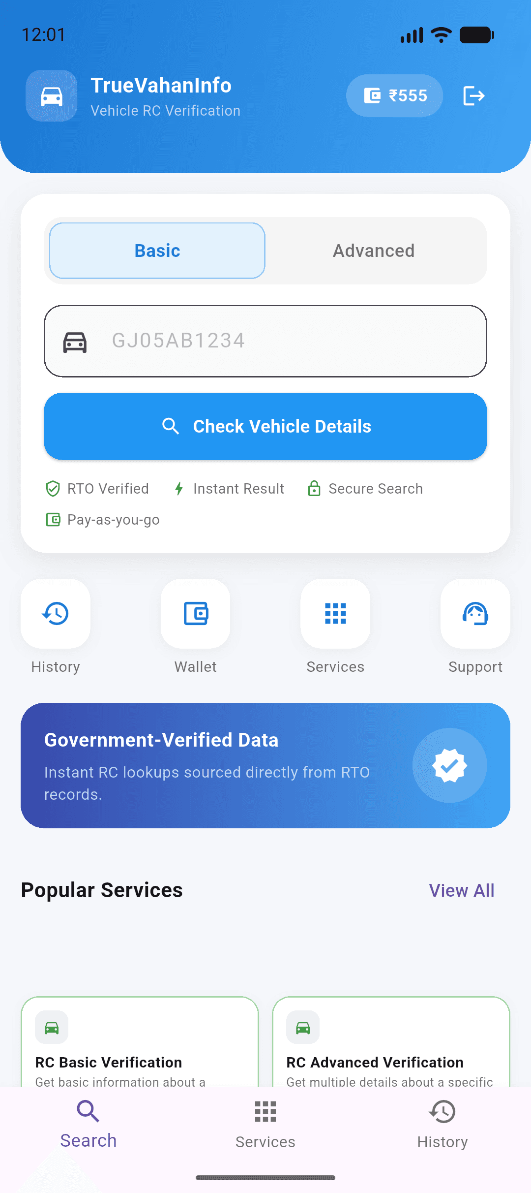 TrueVahanInfo app dashboard showing vehicle search